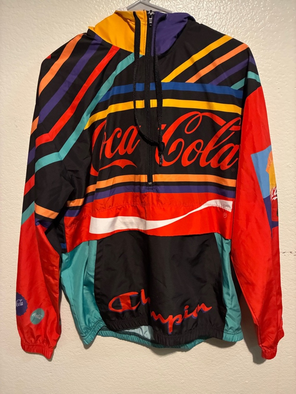 CHAMPIONS Coca-Cola Red Black Teal Multicolor Striped Zip Hoodie